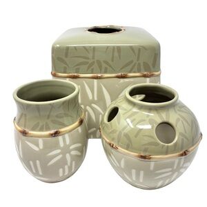 Sears Ceramic Bathroom Accessories Set Bamboo Themed Tissue Box Cover Toothbrush